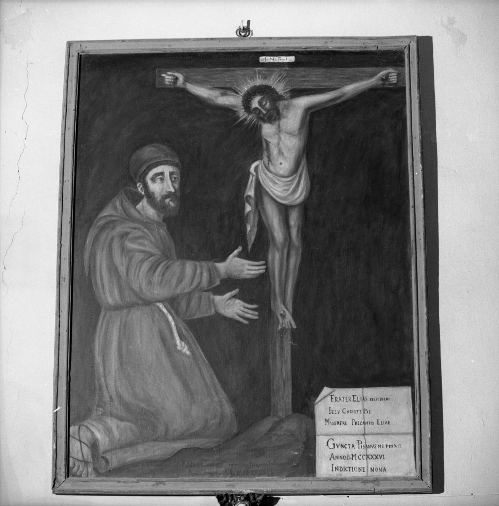 frate Elia orante di fronte a Cristo crocifisso (dipinto) di Carletti Publio (sec. XX)