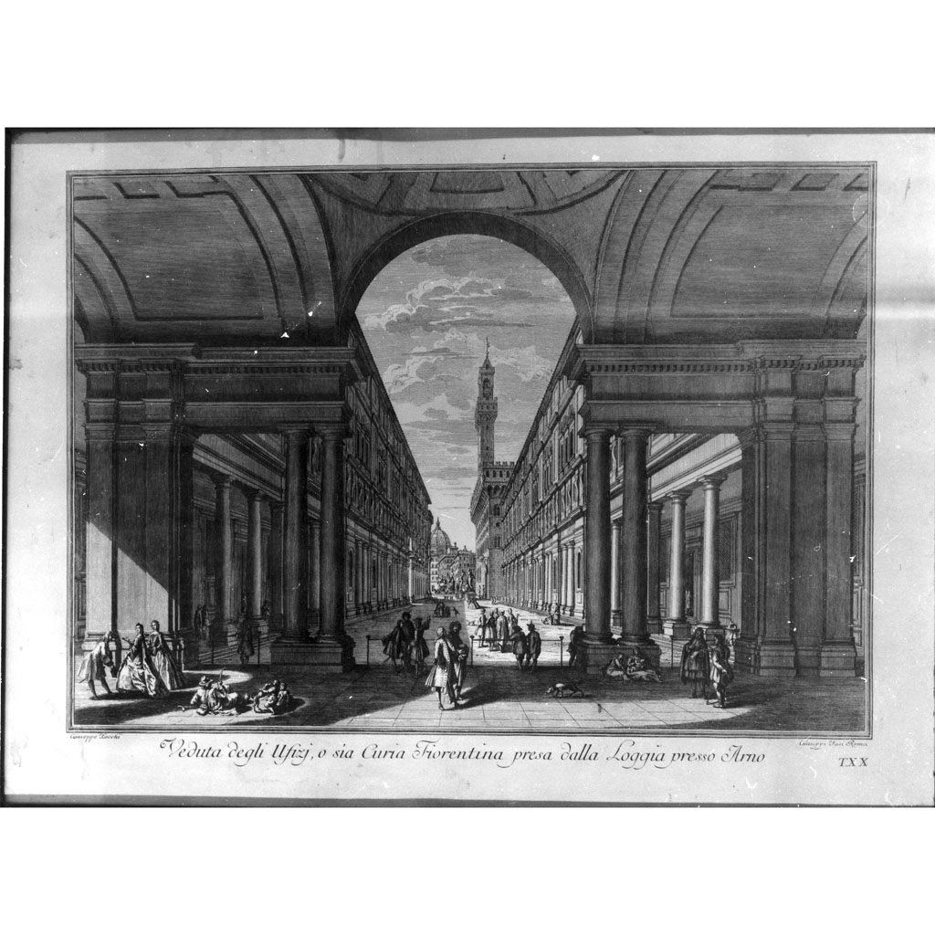 Veduta degli Uffizzi a Firenze, veduta di città (incisione) di Zocchi Giuseppe, Franceschini Vincenzo (sec. XVIII)