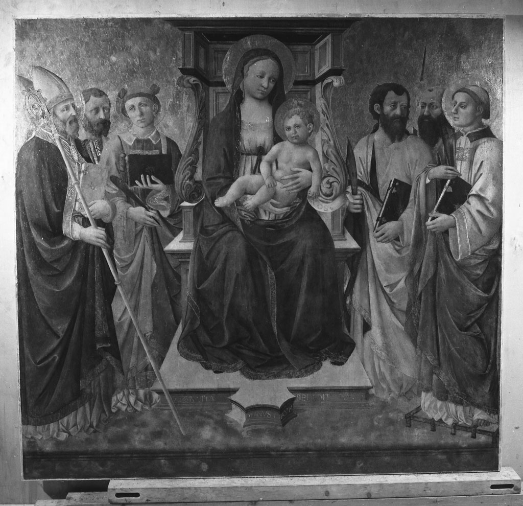 Madonna con Bambino tra i santi Agostino, Stefano, Pietro, Bartolomeo e Lorenzo (dipinto) di Domenico di Michelino (metà sec. XV)