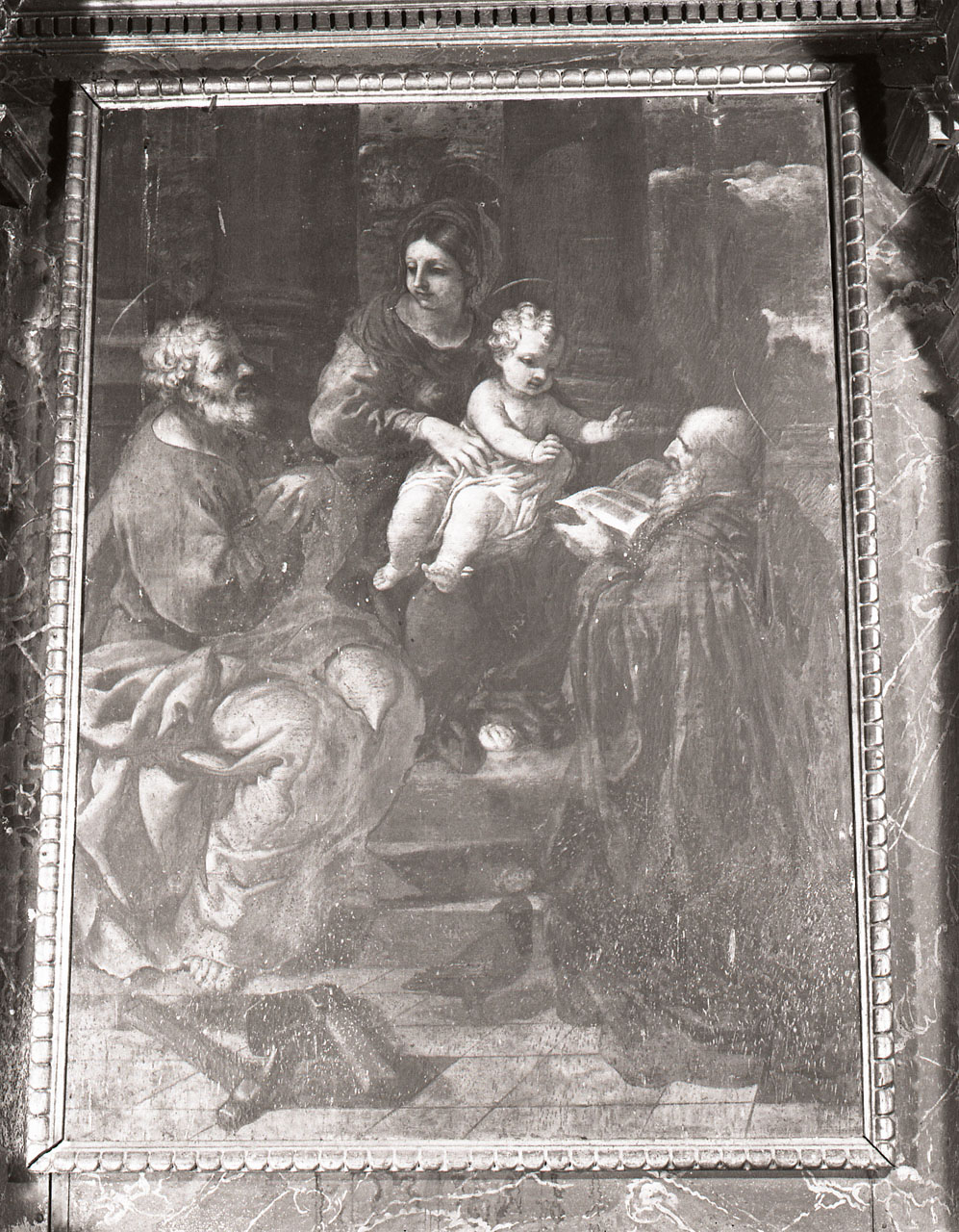 Sacra Famiglia con San Benedetto in adorazione (dipinto) di Castellucci Salvi (attribuito) (sec. XVII)