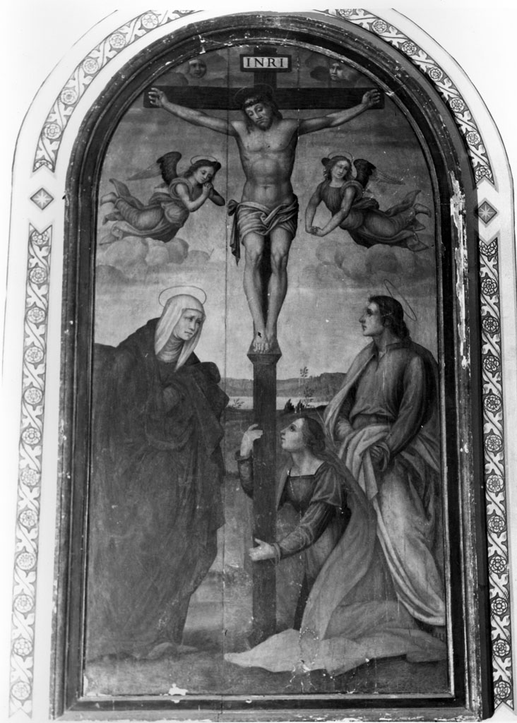 Cristo crocifisso con la Madonna, Santa Maria Maddalena e San Giovanni Evangelista (dipinto) di Bartolomeo di Paolo del Fattorino detto fra' Bartolomeo (scuola) (fine sec. XVI)