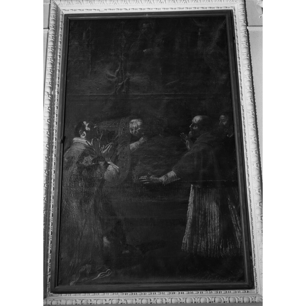 Pontefice che bacia i piedi a san Francesco e altri tre santi (dipinto) - ambito toscano (prima metà sec. XVII)