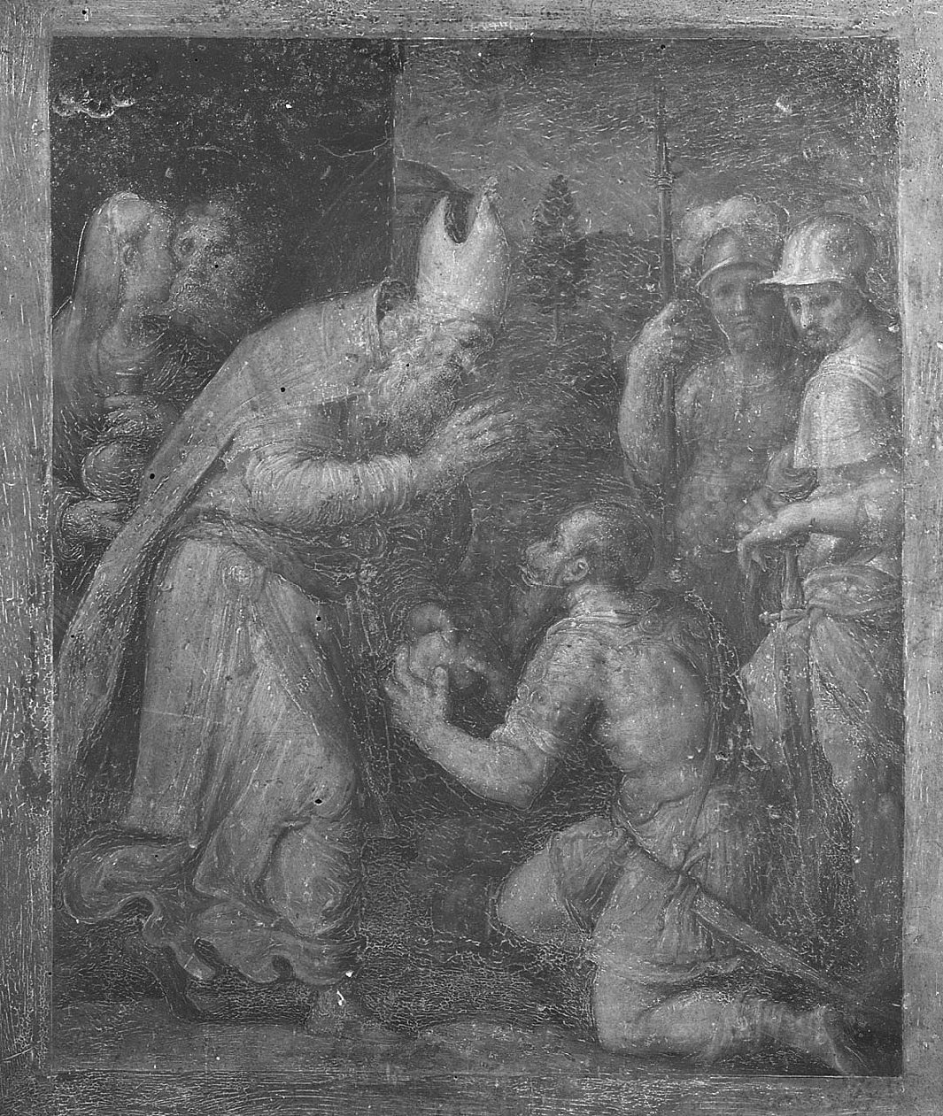 San Martino che benedice San Giorgio (dipinto) di Morandini Francesco detto Poppi (attribuito) (sec. XVI)
