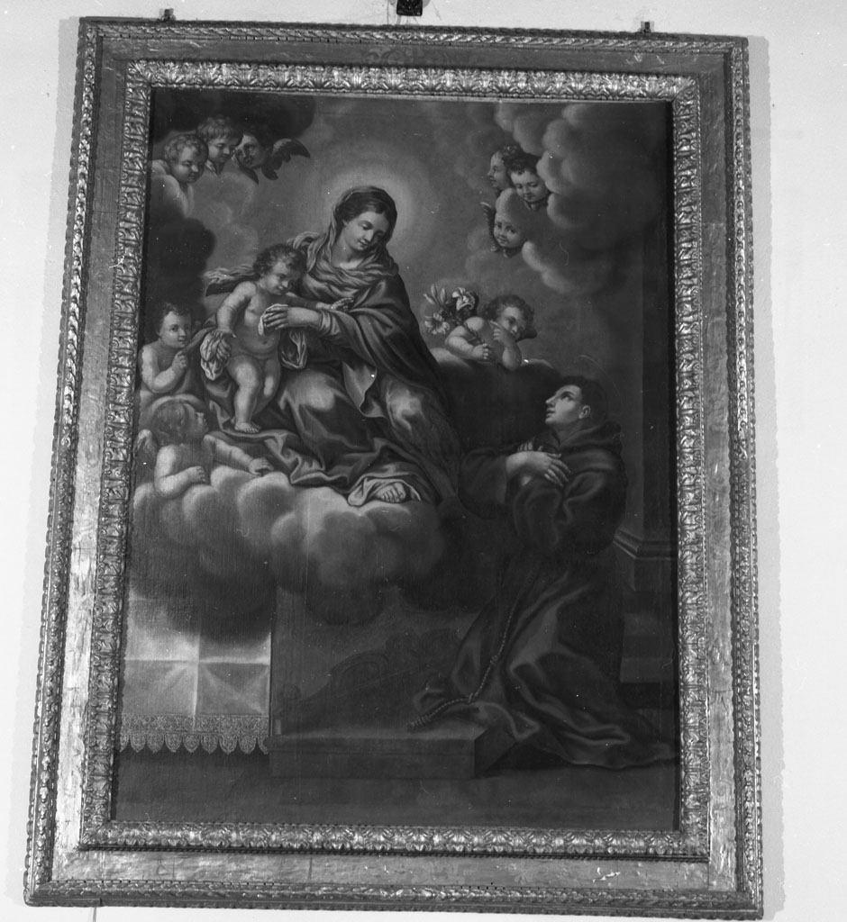 San Francesco d'Assisi riceve Gesù Bambino dalla Madonna alla presenza di San Domenico e Sant'Agostino (dipinto, opera isolata) di Zabarelli Adriano detto Paladino (attribuito) (sec. XVII)