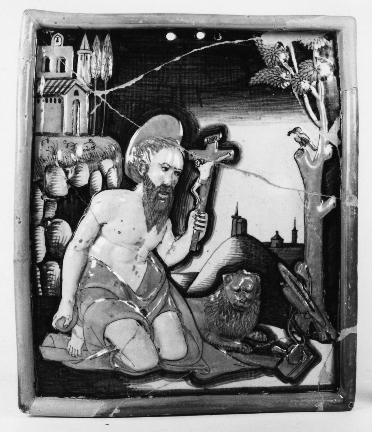 San Girolamo in preghiera nella grotta (targa, opera isolata) - bottega derutese (sec. XVI)
