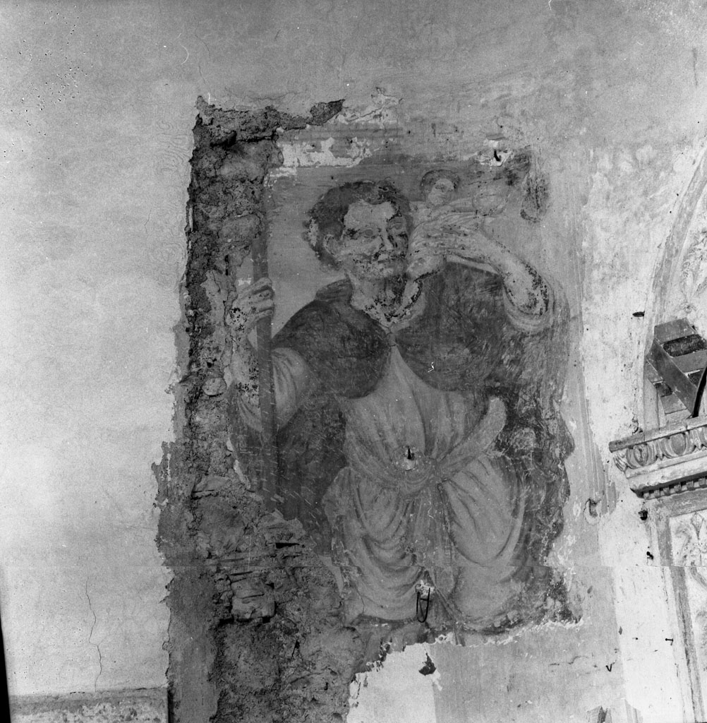 San Cristoforo guada il fiume con Gesù Bambino sulle spalle (dipinto) - ambito toscano (sec. XVI)