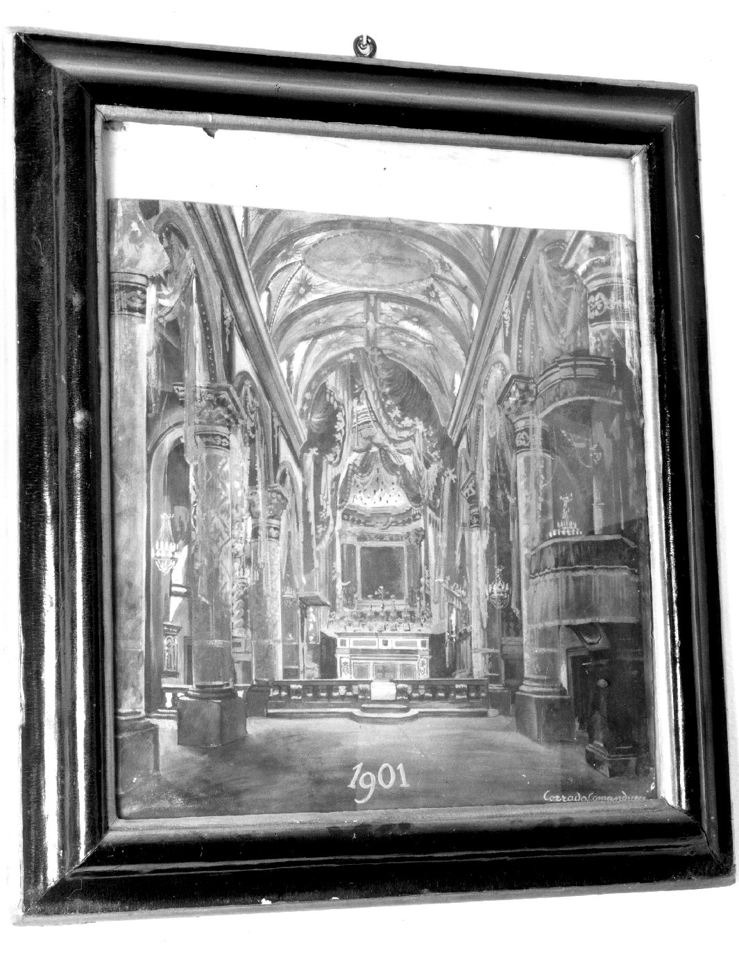 veduta dell'interno della cattedrale di San Giovanni Evangelista a Sansepolcro (dipinto) di Comanducci Corrado (sec. XX)