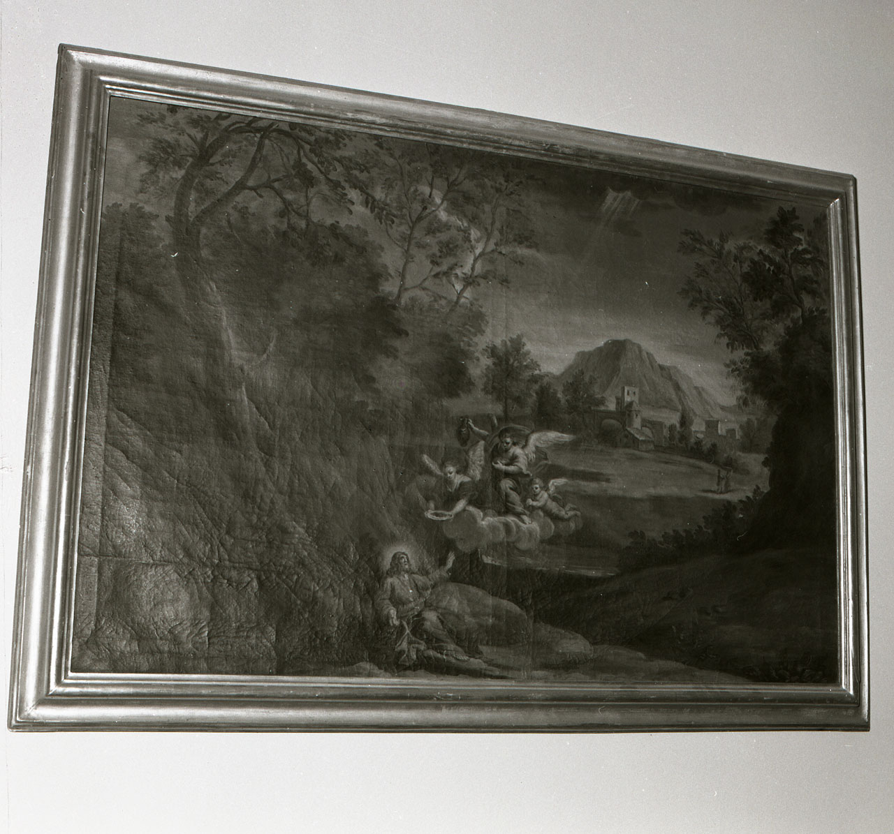 paesaggio con Cristo servito dagli angeli (dipinto, opera isolata) - ambito romano (sec. XVII)