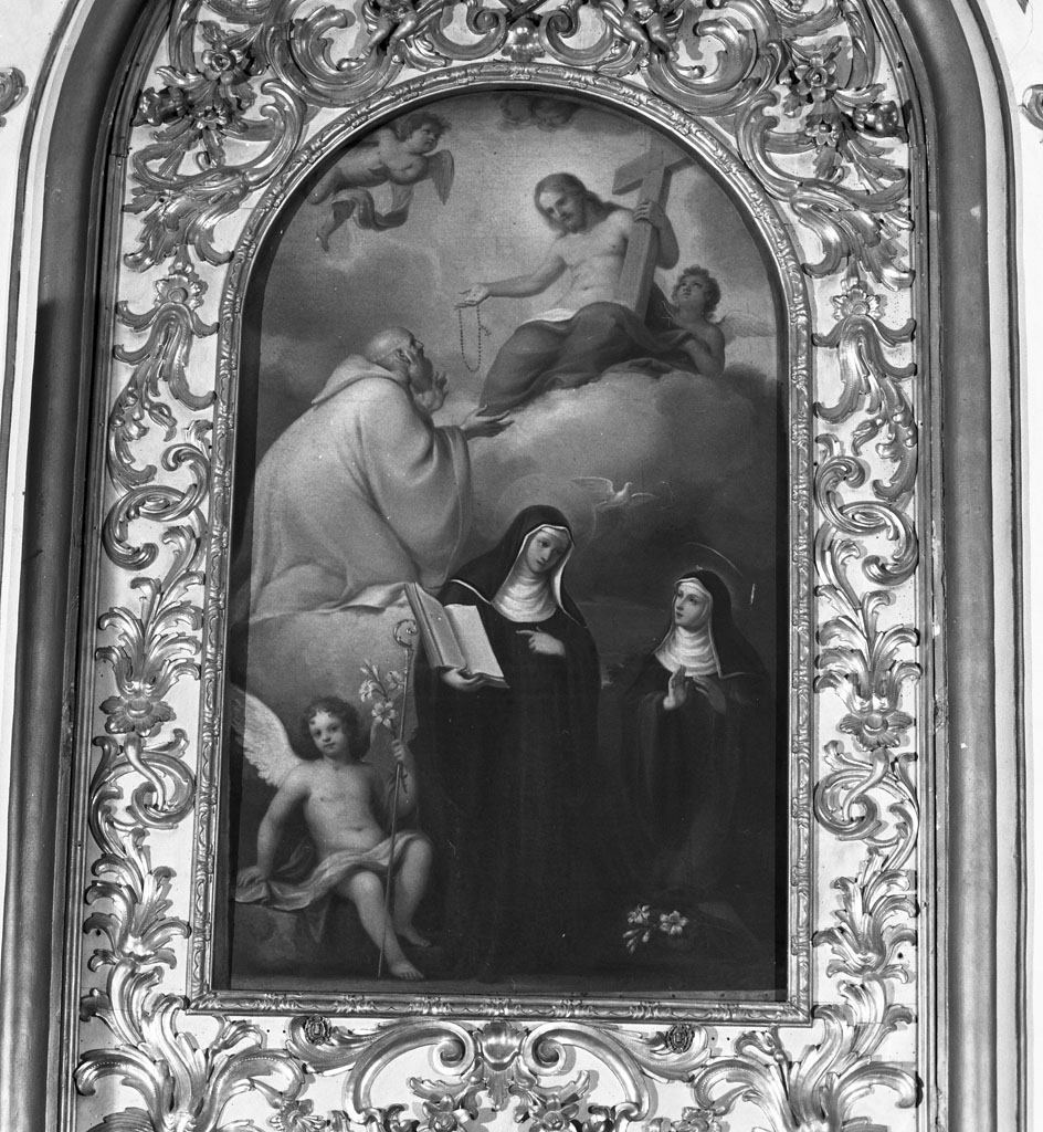 Santa scolastica e Santa Geltrude con il beato Michele Pini (dipinto, opera isolata) di Pacini Sante (attribuito) (sec. XVIII)