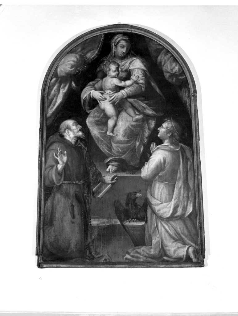 Madonna con Bambino tra i Santi Bonaventura e Giovanni Evangelista (dipinto, opera isolata) di Gherardi Cristoforo detto Doceno (attribuito) (secondo quarto sec. XVI)