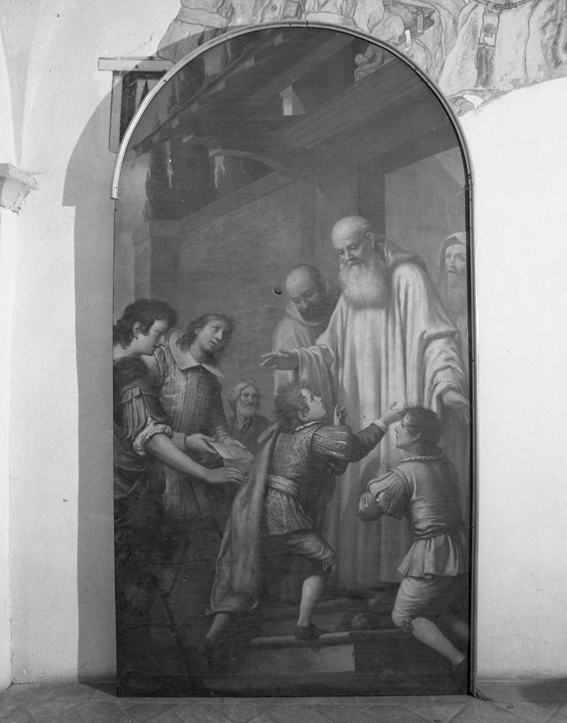 San Benedetto accoglie San Mauro e San Placido fanciulli (dipinto) di Pacini Sante (attribuito) (seconda metà sec. XVIII)