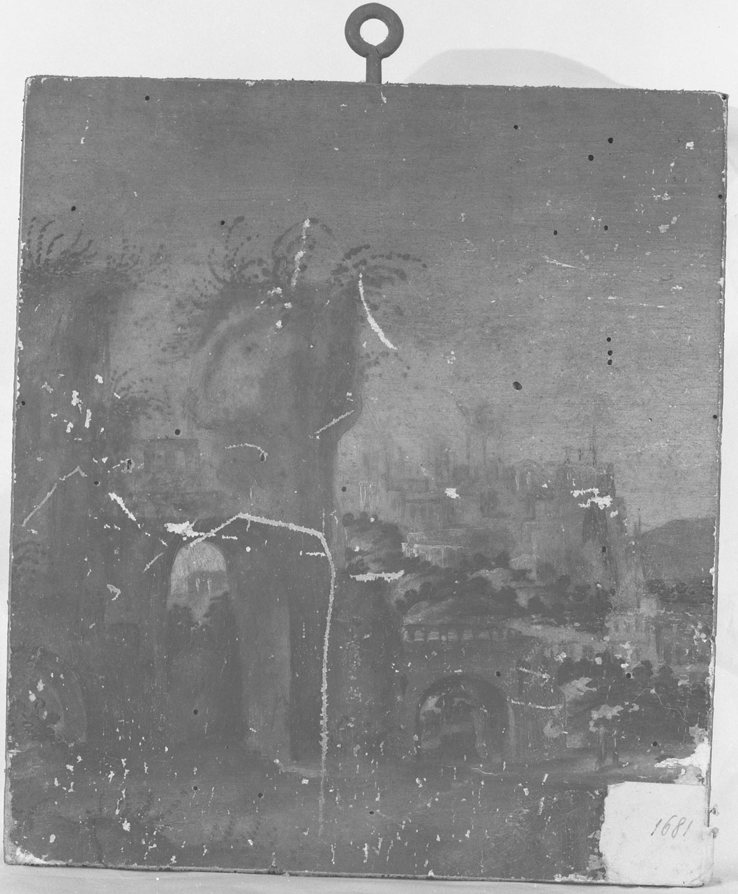 paesaggio con architetture (dipinto, frammento) - ambito fiorentino (seconda metà sec. XVI)