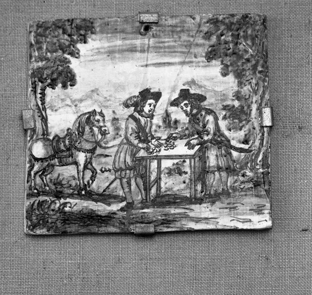 san Francesco d'Assisi riveste un cavaliere povero donandogli il denaro necessario, episodi della vita di San Francesco d'Assisi (formella, elemento d'insieme) - bottega italiana (sec. XVII)