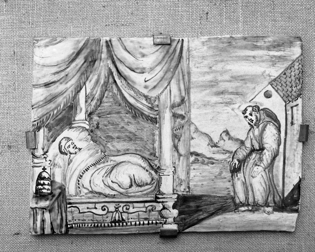 papa Innocenzo III vede in sogno san Francesco d'Assisi sostenere la basilica lateranense, episodi della vita di San Francesco d'Assisi (formella, elemento d'insieme) - bottega italiana (sec. XVII)