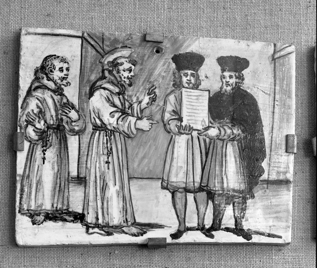 san Francesco d'Assisi a Bologna ammette nell'ordine Pellegrino e Rizzerio, episodi della vita di San Francesco d'Assisi (formella, elemento d'insieme) - bottega italiana (sec. XVII)