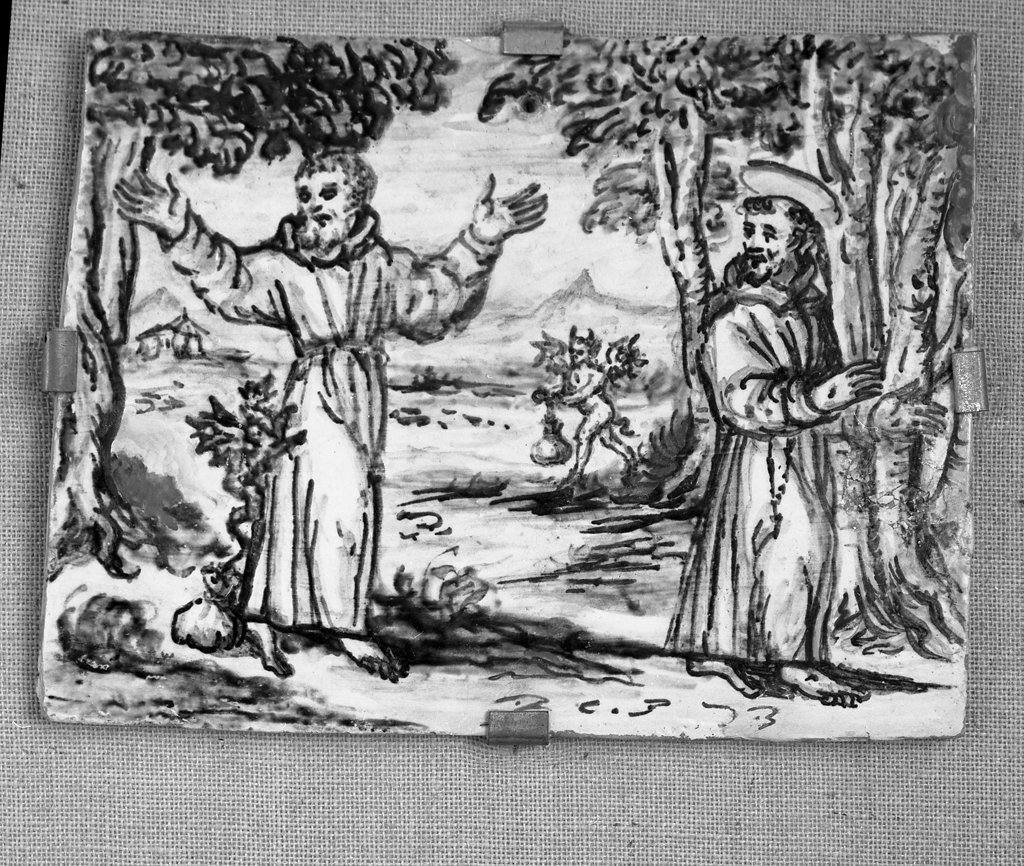 san Francesco d'Assisi con un frate che trova un portafoglio da cui esce una serpe, episodi della vita di San Francesco d'Assisi (formella, elemento d'insieme) - bottega italiana (sec. XVII)