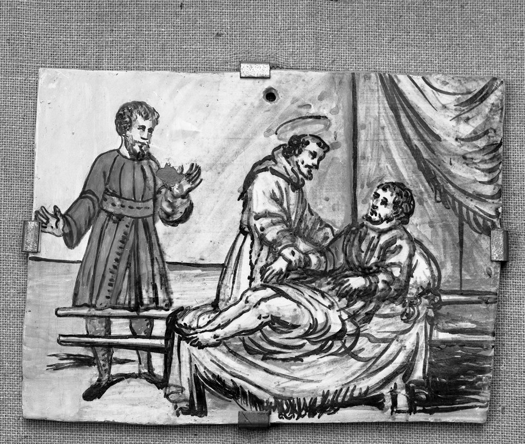 san Francesco d'Assisi guarisce un paralitico a Narni, episodi della vita di San Francesco d'Assisi (formella, elemento d'insieme) - bottega italiana (sec. XVII)