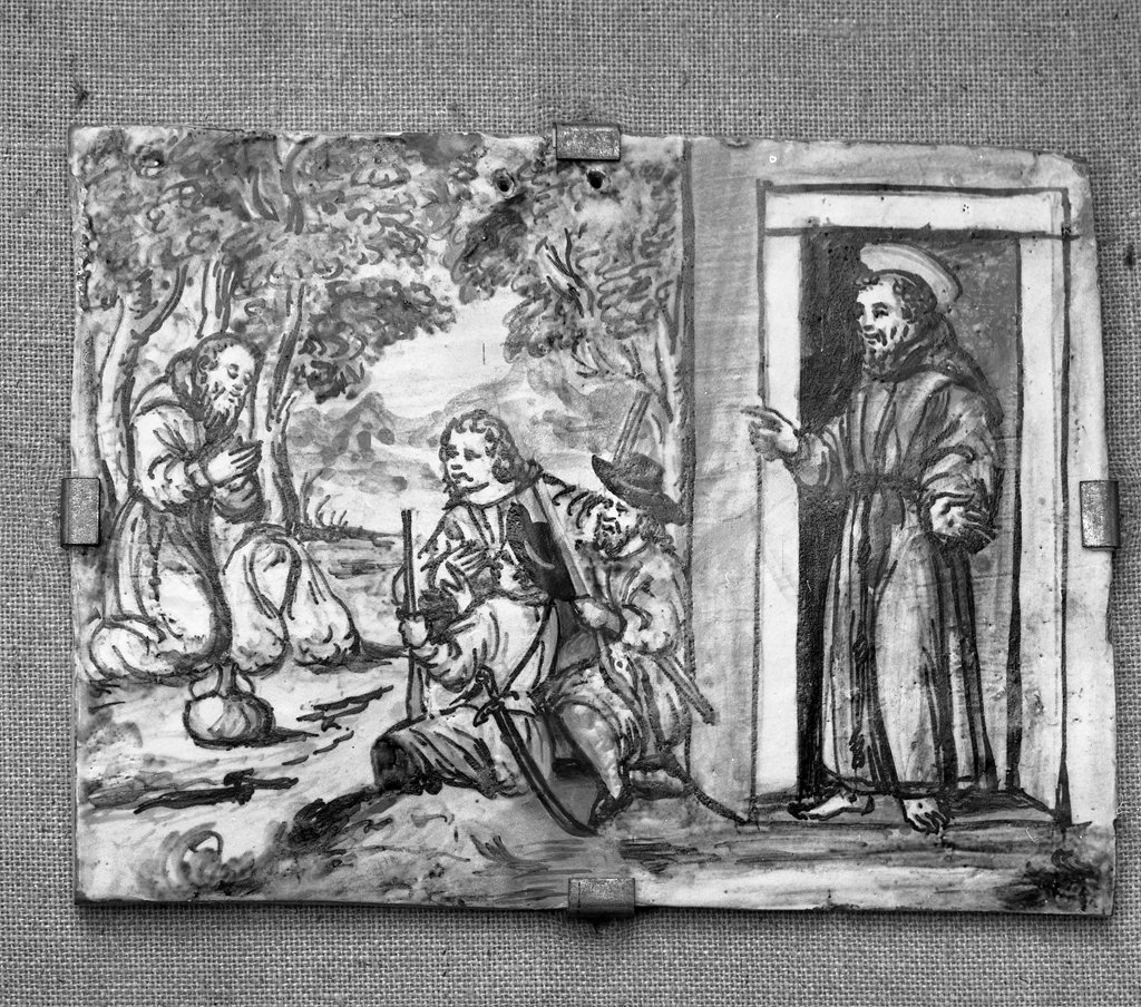 san Francesco d'Assisi converte i tre ladroni, episodi della vita di San Francesco d'Assisi (formella, elemento d'insieme) - bottega italiana (sec. XVII)
