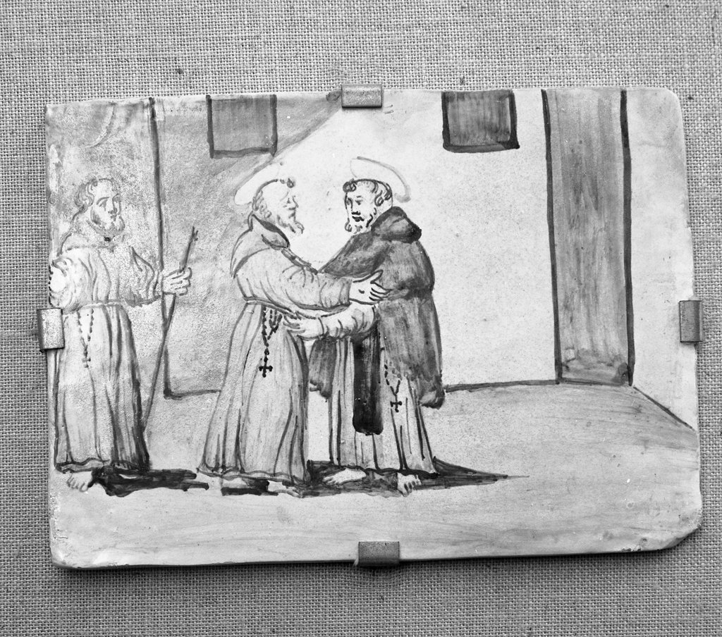 incontro di san Francesco d'Assisi e san Domenico, episodi della vita di San Francesco d'Assisi (formella, elemento d'insieme) - bottega italiana (sec. XVII)