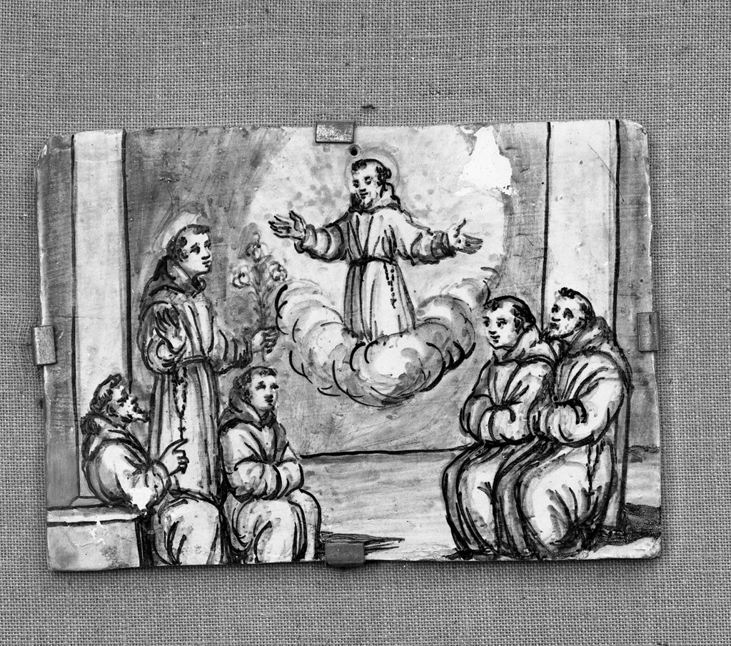 san Francesco d'Assisi appare in gloria mentre parla sant'Antonio da Padova, episodi della vita di San Francesco d'Assisi (formella, elemento d'insieme) - bottega italiana (sec. XVII)