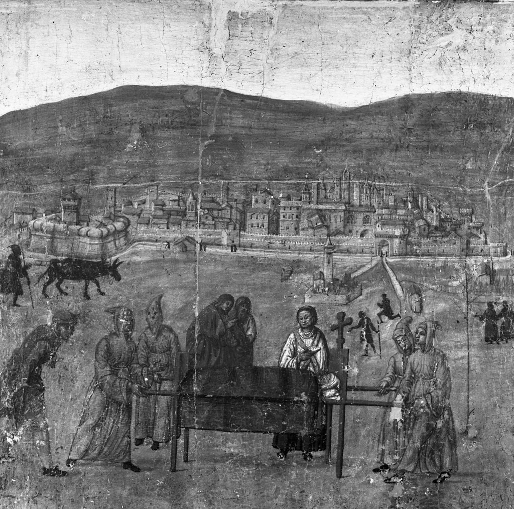 pellegrinaggio della Compagnia del Crocifisso a Loreto, pellegrinaggio della Compagnia del Crocifisso a Loreto (dipinto) - ambito toscano, ambito italiano, ambito italiano (sec. XVI)