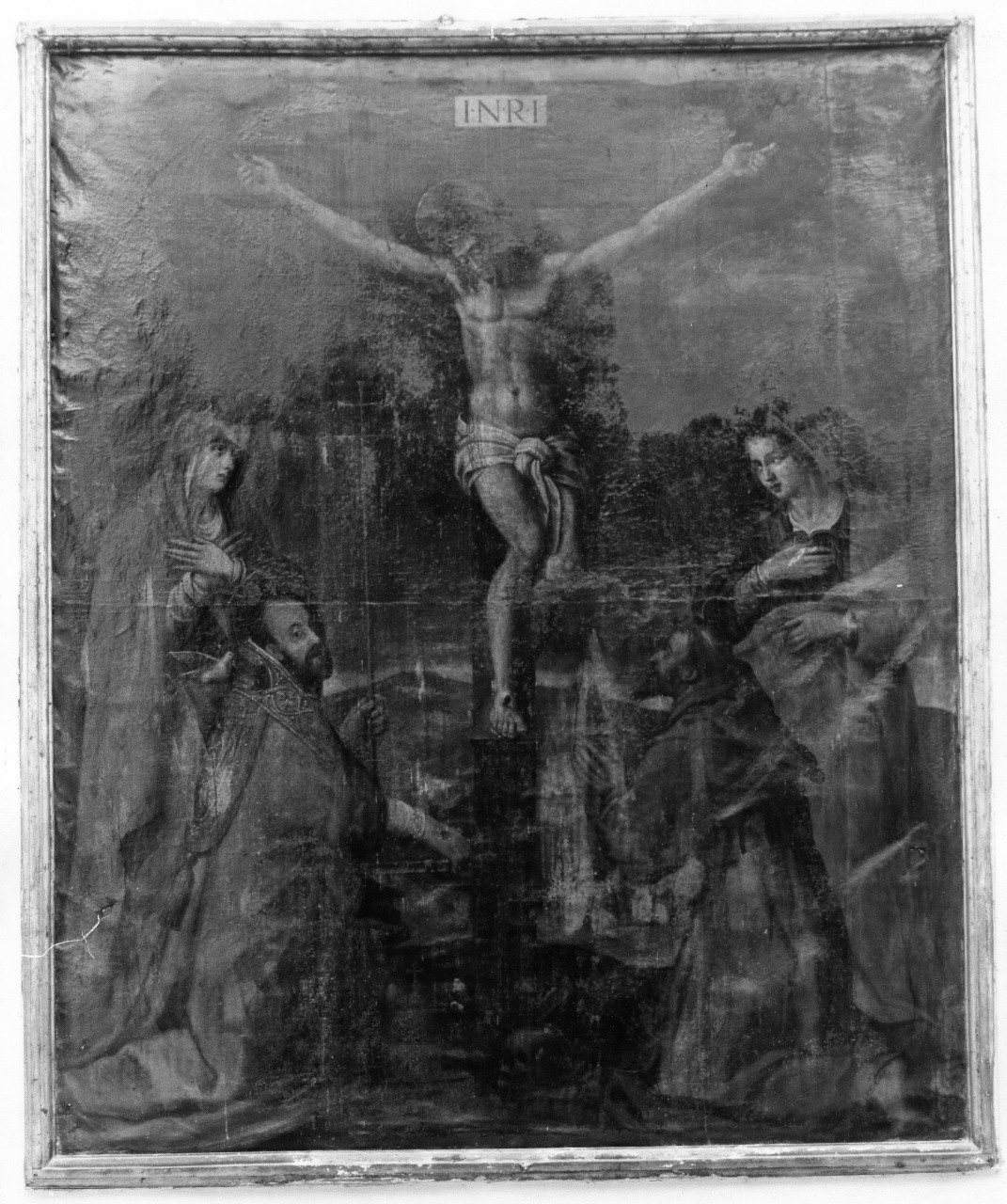 crocifissione di Cristo con la Madonna, San Giovanni Evangelista, San Gregorio e San Francesco d'Assisi (dipinto) - ambito toscano (sec. XVII)
