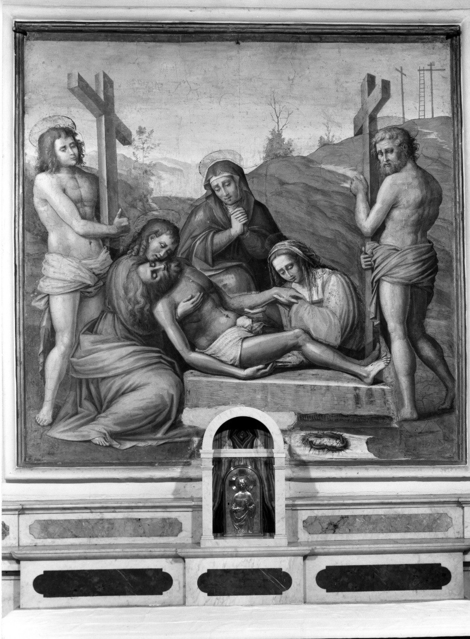 Cristo deposto con la Madonna, Santa Maria Maddalena, San Giovanni Evangelista e i due ladroni (dipinto) di Buonarroti Michelangelo (attribuito) (prima metà sec. XVI)