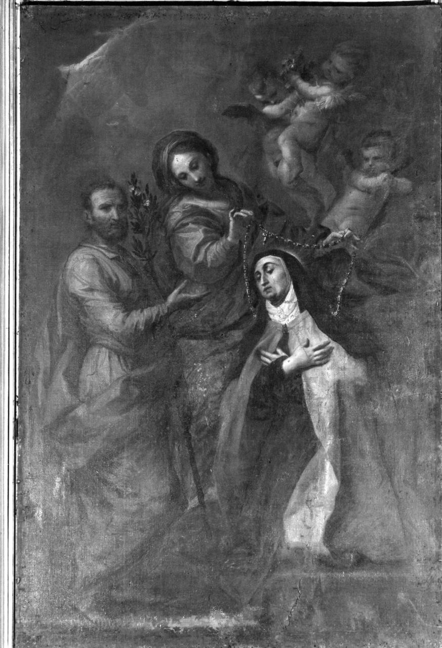 Santa Teresa d'Avila riceve il rosario dalla Madonna e San Giuseppe (dipinto) di Gherardini Alessandro (seconda metà sec. XVII)