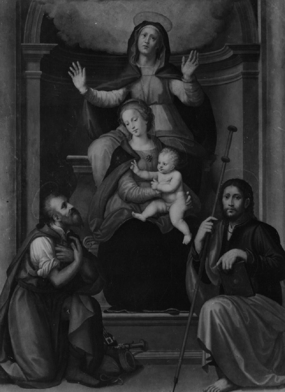 Madonna con Gesù Bambino, Sant'Anna, San Rocco e San Giacomo il Minore (dipinto) di Della Porta Bartolomeo detto Fra' Bartolomeo (scuola) (prima metà sec. XVI)
