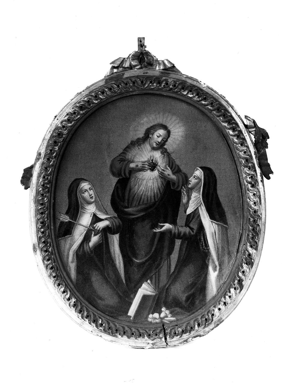 Cristo mostra il suo cuore a due suore carmelitane (stampa colorata a mano) - ambito italiano (sec. XIX)