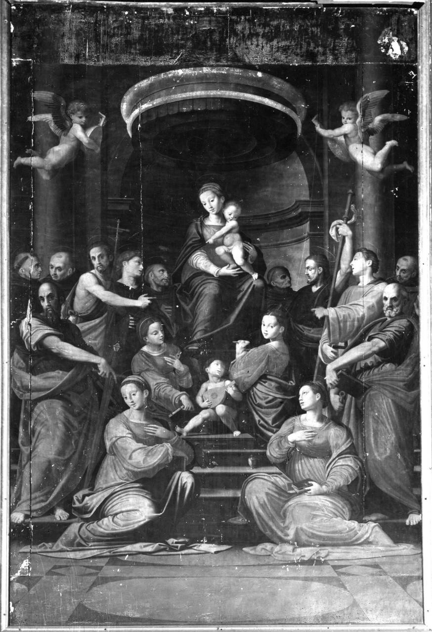 Madonna in trono con Bambino e Santi (dipinto) di Signoroccio Paolo detto Fra' Paolino (attribuito) (sec. XVI)
