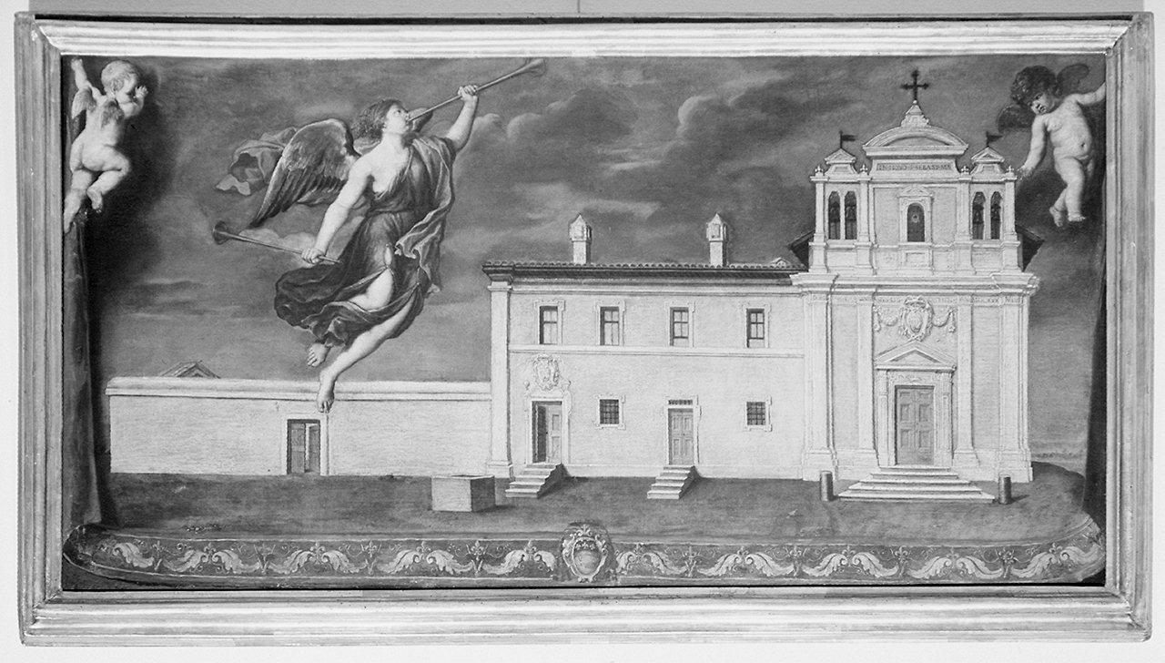 veduta di chiesa e convento (dipinto) - ambito italiano (sec. XVII)