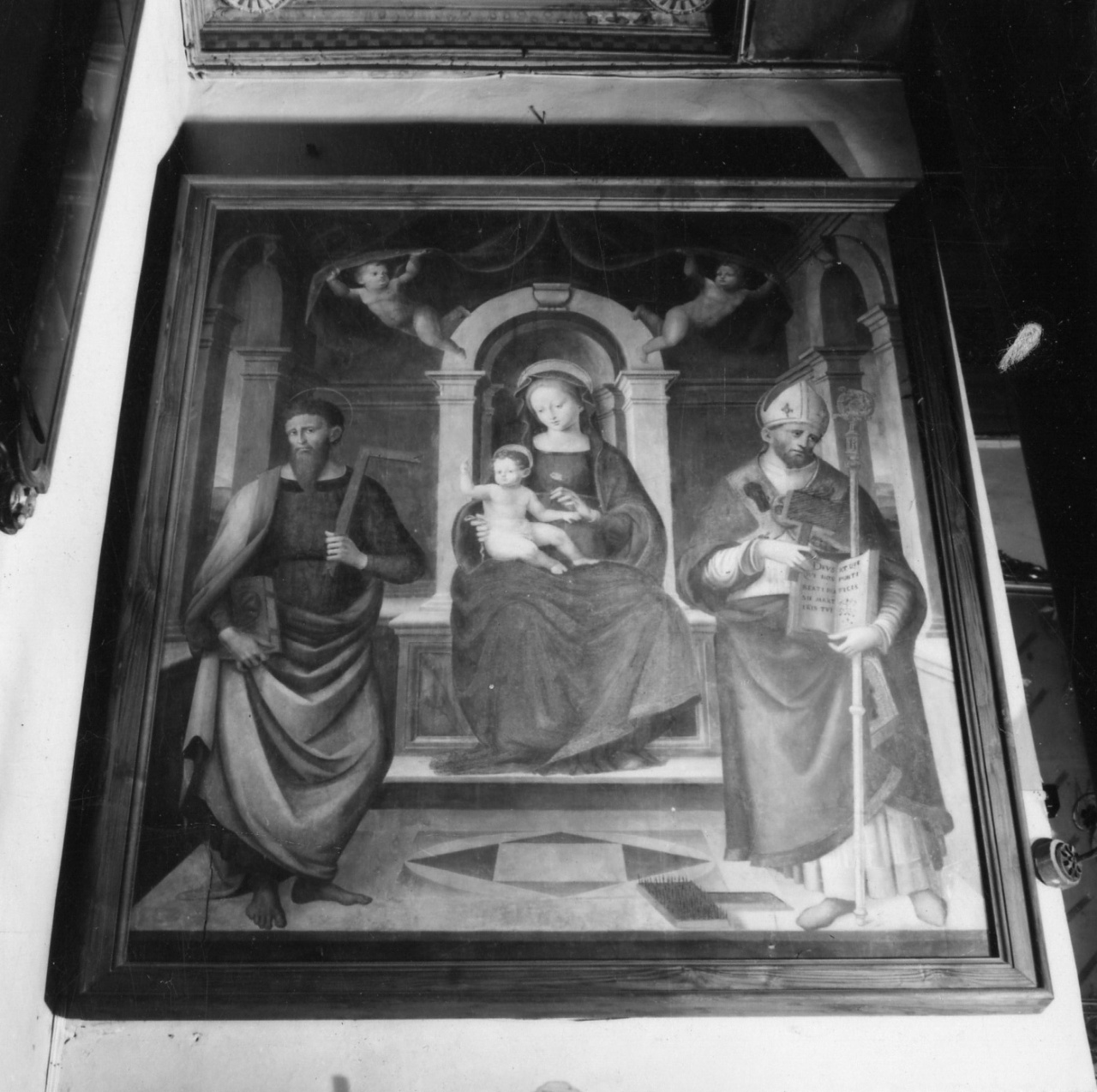 Madonna con Bambino in trono tra santi (dipinto) di Rossermini Domenico di Marco (attribuito) (sec. XVI)