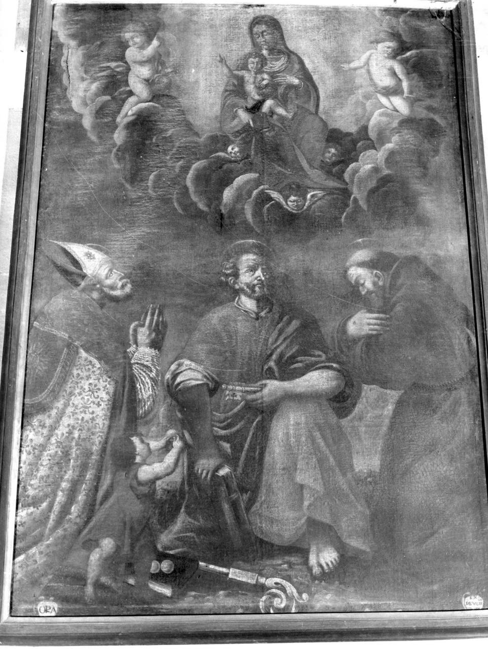 apparizione della Madonna a San Nicola di Bari, San Pietro e San Francesco d' Assisi (dipinto) - ambito toscano (sec. XVII)