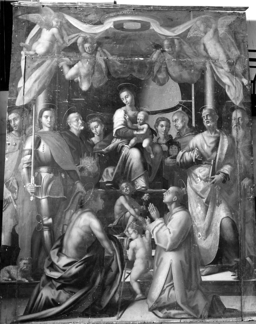 Madonna con Bambino in trono tra angeli, San Rocco, San Michele Arcangelo, San Romualdo, San Sebastiano, Santo Stefano, San Bernardino, San Pietro, Sant'Antonio Abate e Sante (dipinto) di Malatesta Leonardo di Francesco detto Leonardo da Pistoia (maniera) (primo quarto sec. XVI)