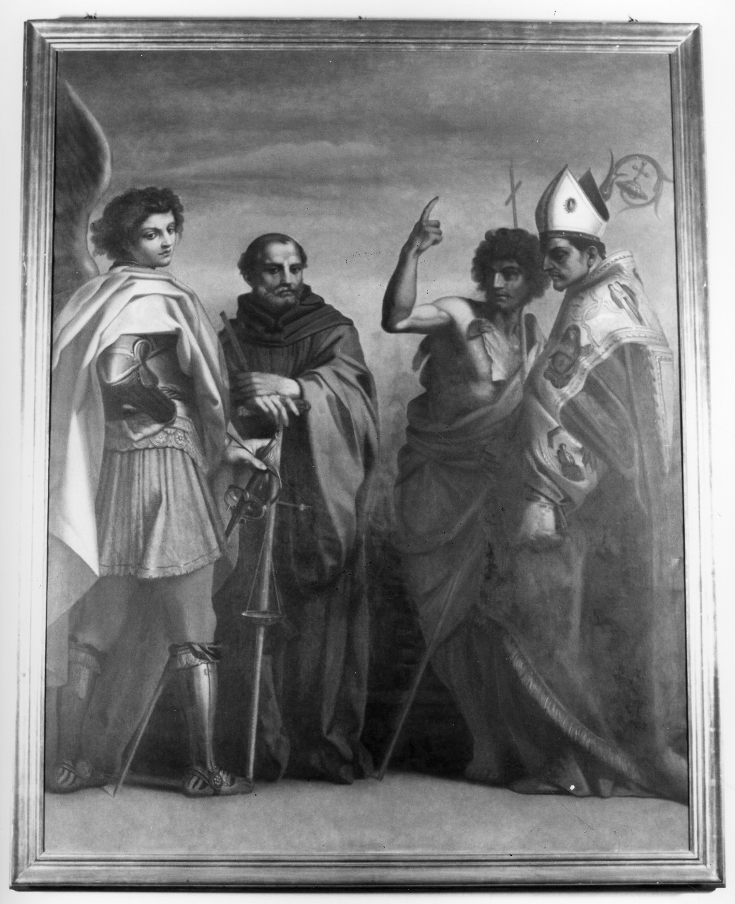 San Arcangelo Michele, San Giovanni Gualberto, San Giovanni Battista e il Cardinale Bernardo (dipinto) di Mambriani Angelo (metà sec. XX)