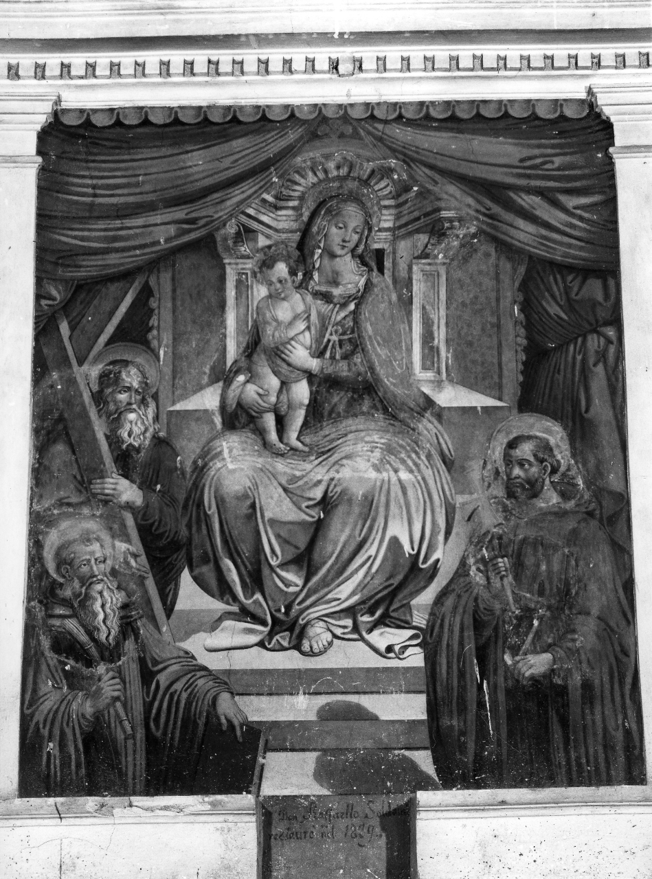 Madonna con Bambino in trono con Sant'Andrea, San Beneddetto e San Giovanni Gualberto (dipinto) di Filippelli Filippo (attribuito) (sec. XV)