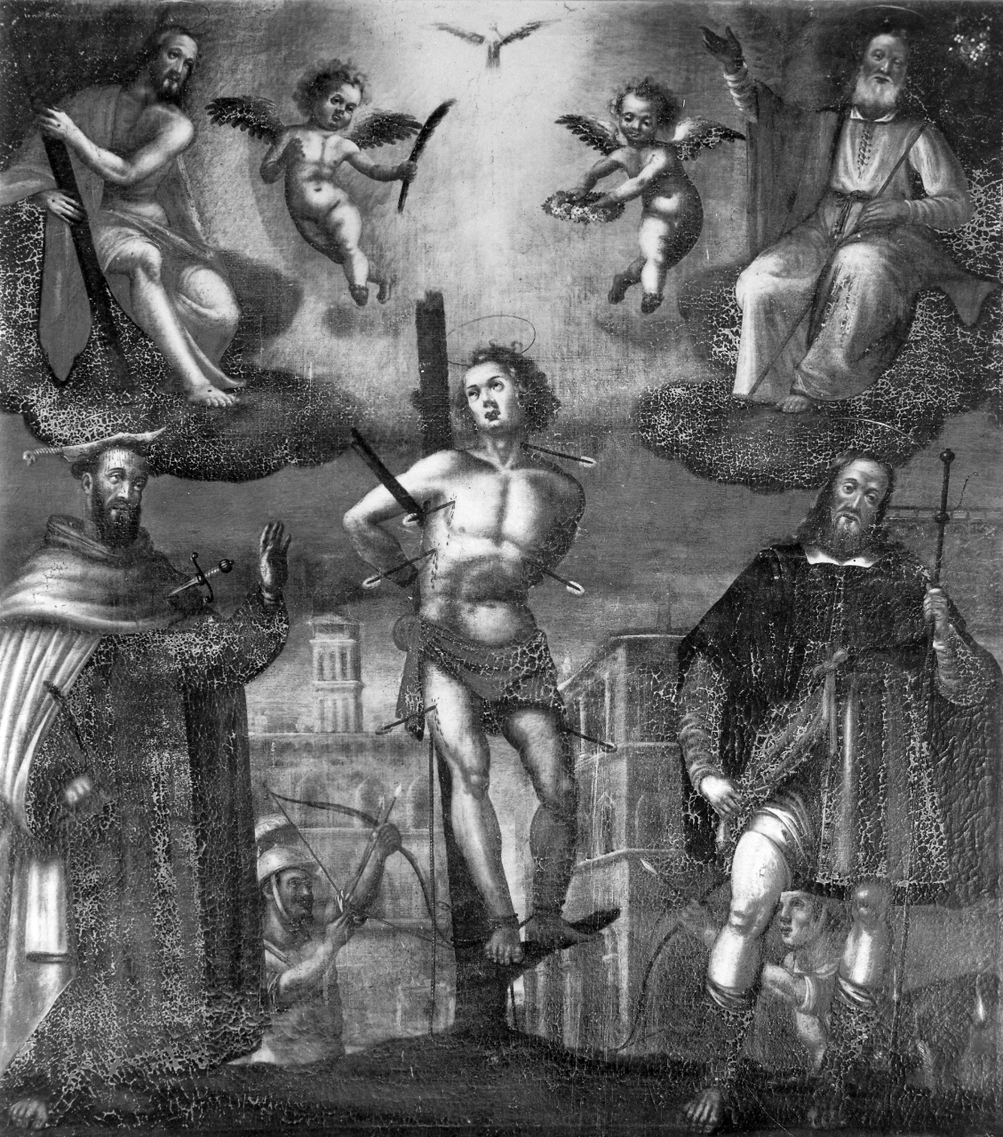 Trinità con San Pietro, San Sebastiano e San Rocco (dipinto) di Nanno da San Gimignano (attribuito) (sec. XVII)
