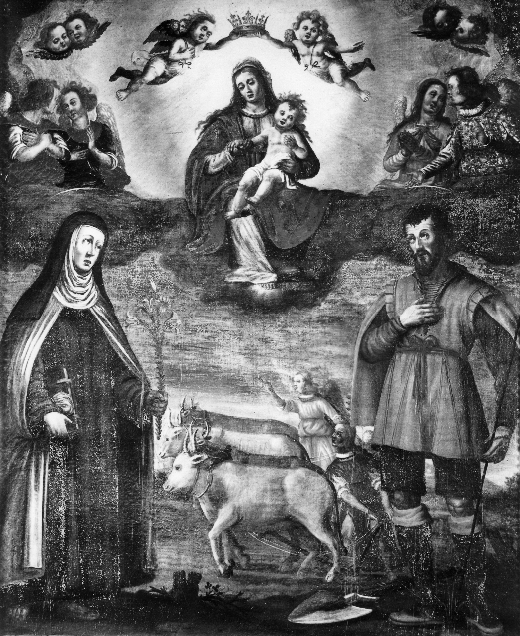 Madonna con Bambino in gloria tra Santa Teresa d'Avila e Sant'Isidoro Agricola (dipinto) di Nanno da San Gimignano (attribuito) (sec. XVII)
