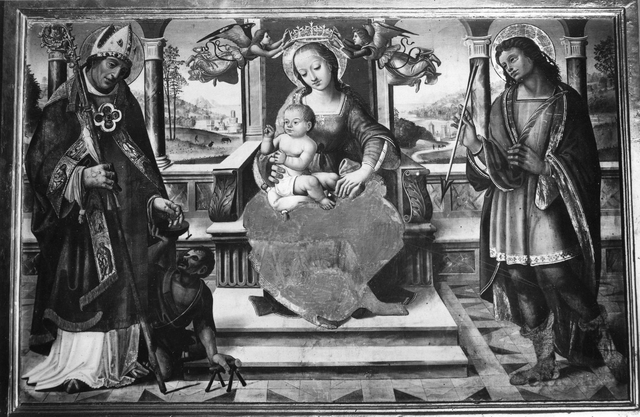 Madonna con Bambino in trono tra San Martino e San Sebastiano (dipinto) di Maestro di Tavarnelle (attribuito) (sec. XVI)