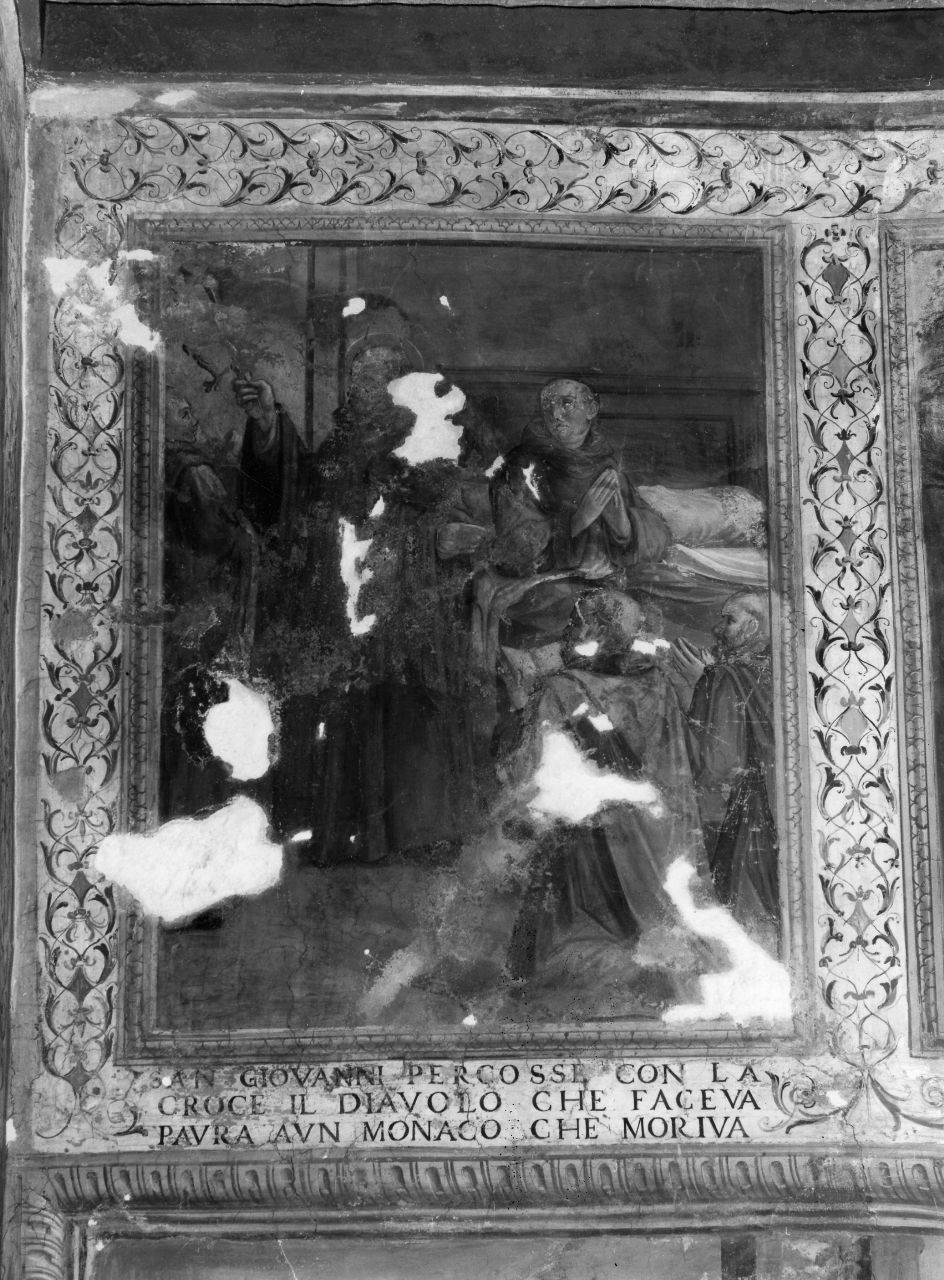 San Giovanni Gualberto scaccia il diavolo dal letto di un monaco (dipinto, insieme) di Pieroni Alessandro (sec. XVI)