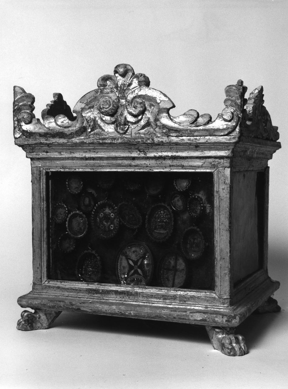 reliquiario a teca - a urna, coppia - bottega toscana (fine/inizio secc. XVIII/ XIX)