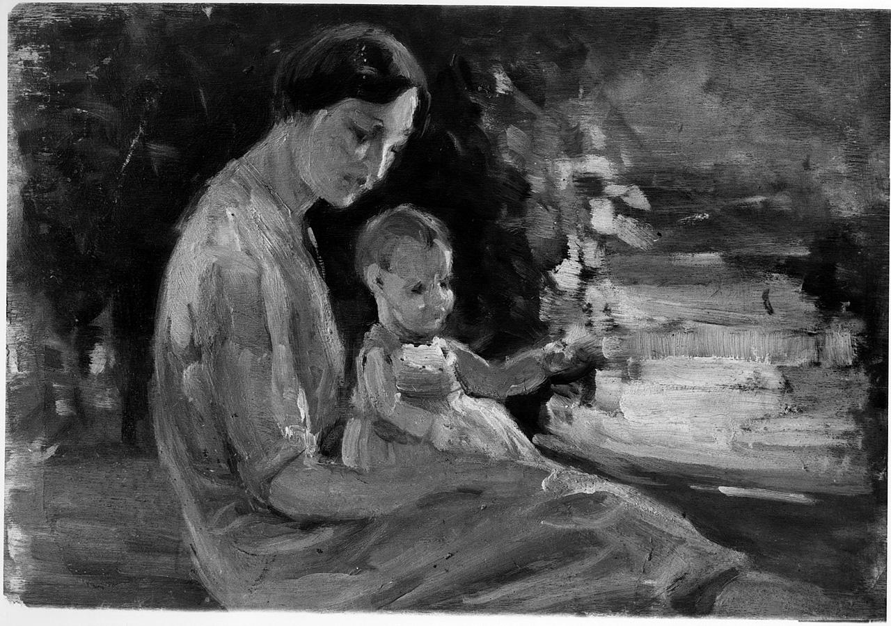 figura femminile con bambina/ bambina (dipinto) - ambito romano (inizio sec. XX)