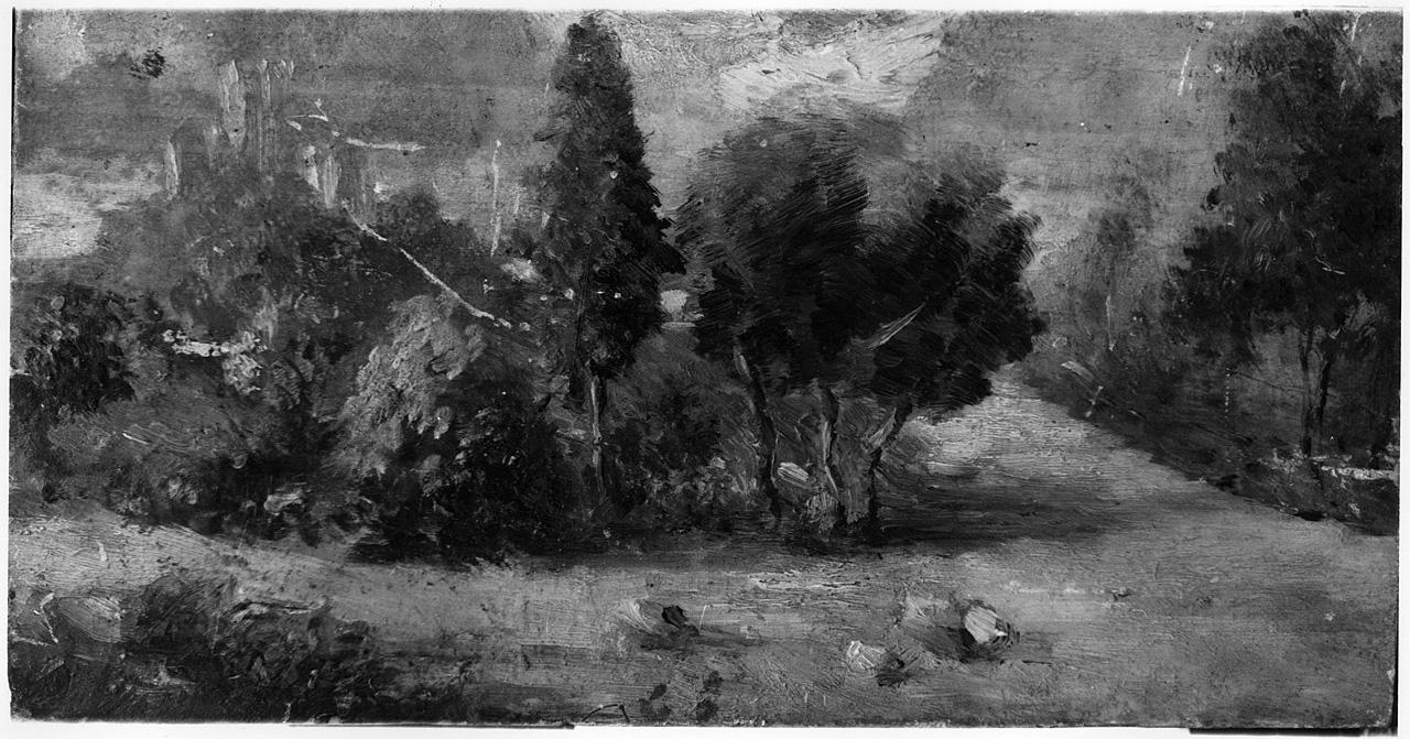 paesaggio con alberi (dipinto) - ambito romano (seconda metà sec. XIX)