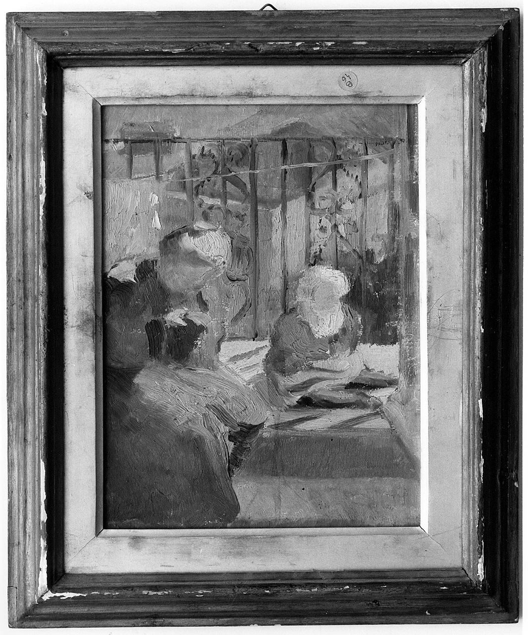 donna in un interno che cuce (dipinto) - ambito romano (inizio sec. XX)