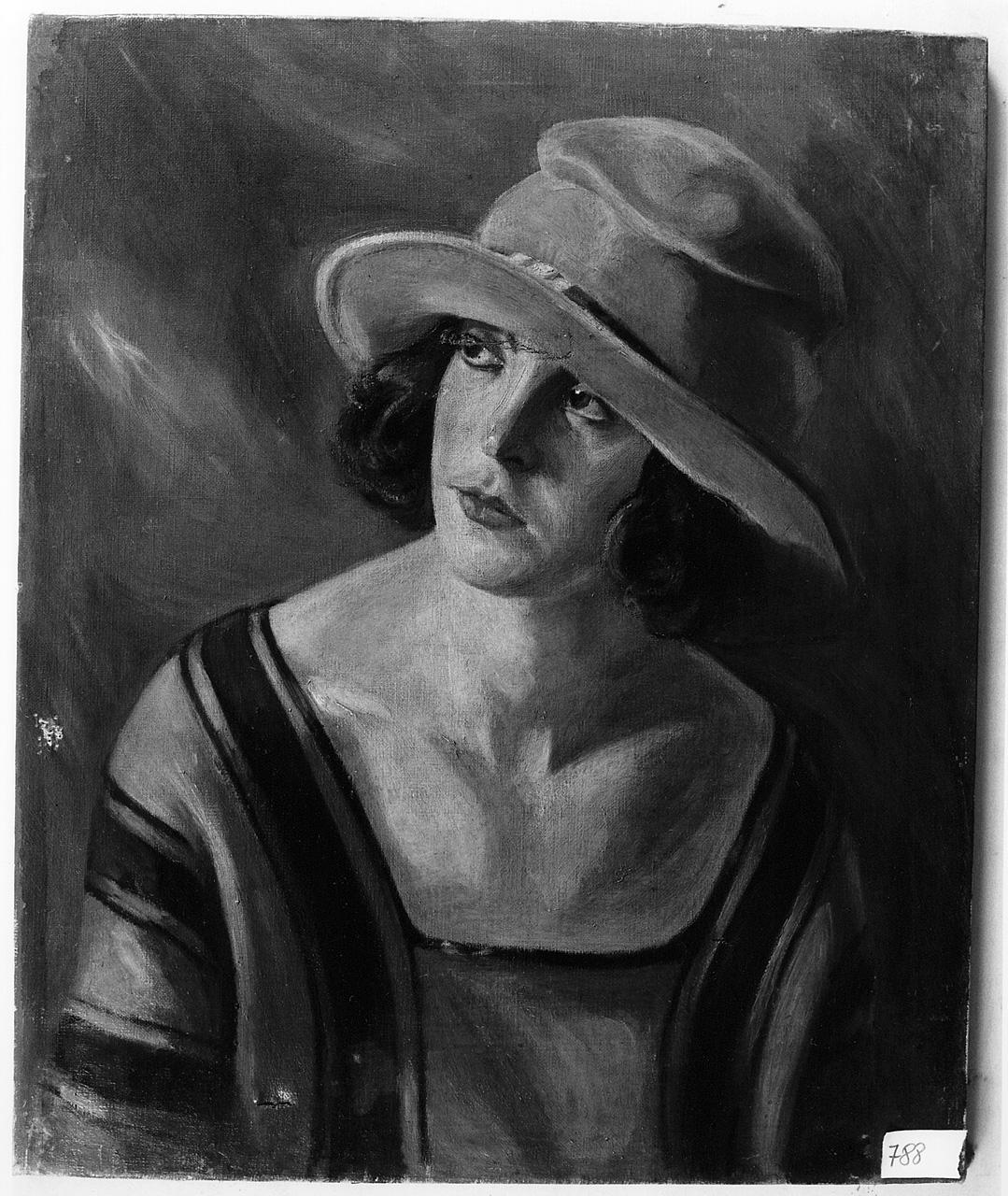 ritratto di donna con cappello (dipinto) - ambito romano (primo quarto sec. XX)