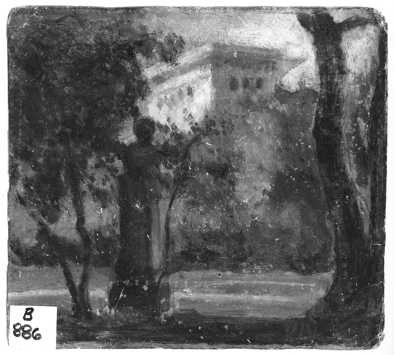 parco con statua (dipinto) - ambito romano (fine/inizio secc. XIX/ XX)