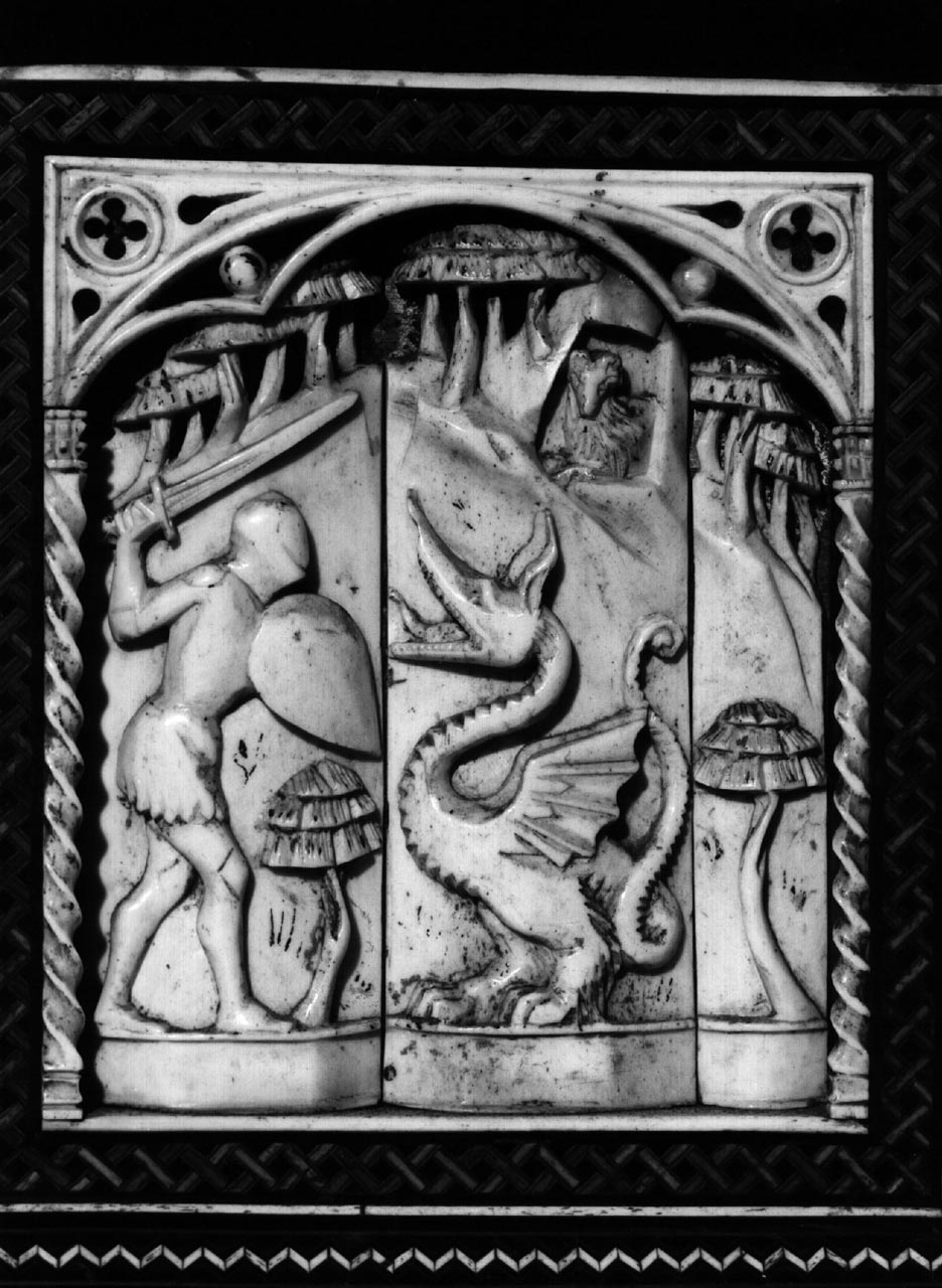 Giasone combatte contro il drago (placchetta di cofanetto) di Degli Embriachi Baldassarre (bottega) (secc. XIV/ XV)
