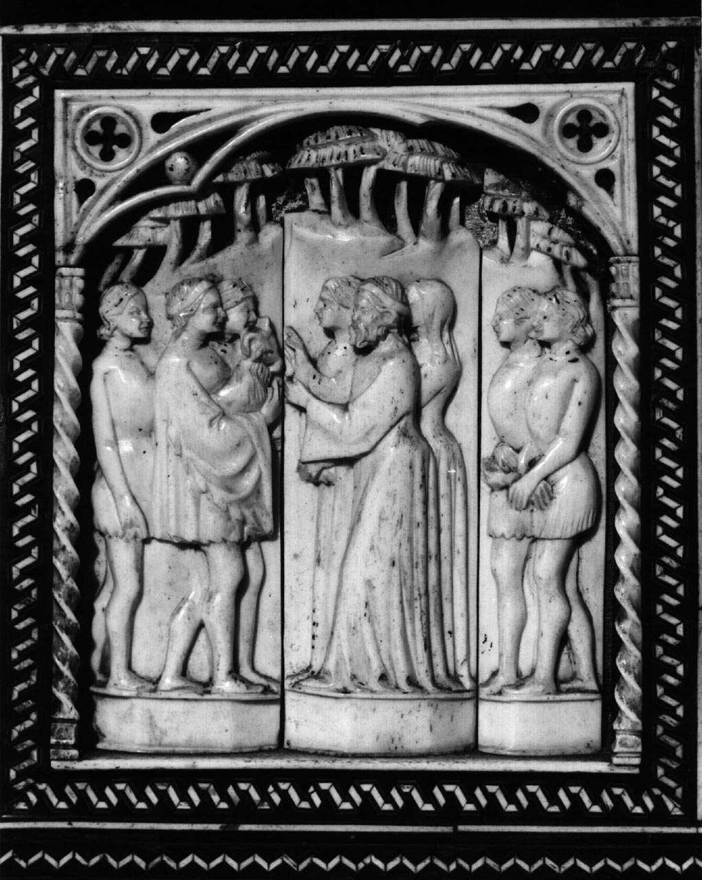 Giasone consegna il vello d'oro a Pelia (placchetta di cofanetto) di Degli Embriachi Baldassarre (bottega) (secc. XIV/ XV)