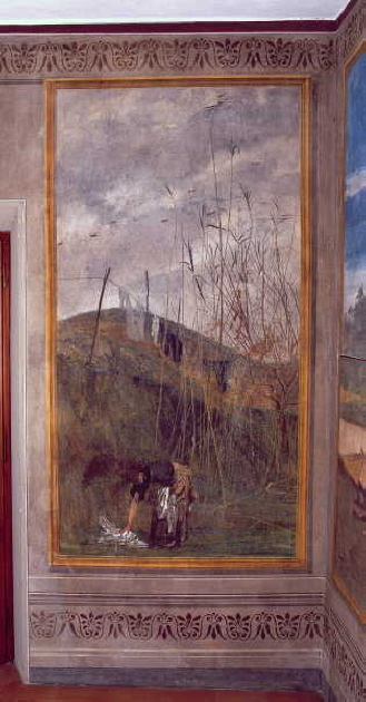 paesaggio con contadina che stende il bucato (dipinto) di Boldini Giovanni (sec. XIX)